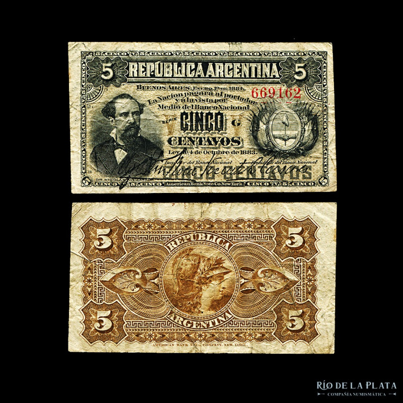 Argentina. Fraccionarios ABN. 5 Centavos 1884 (Avellaneda). Firmas: Roca - Casar...