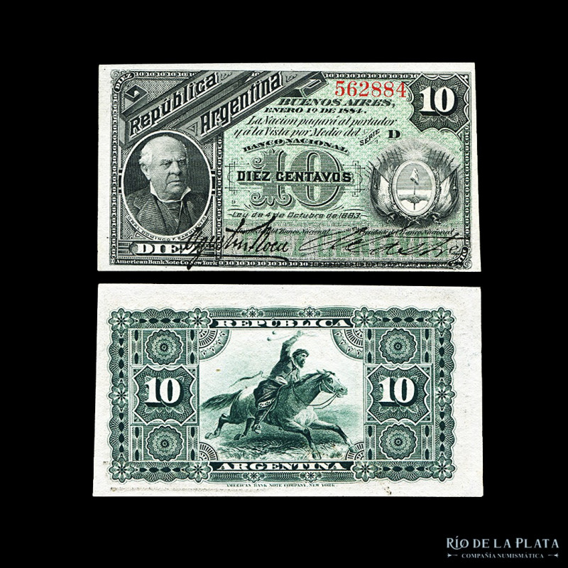Argentina. Fraccionarios ABN. 10 Centavos 1884 (Sarmiento). Firmas: Roca - Sastr...