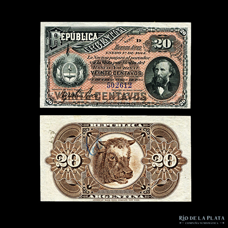 Argentina. Fraccionarios ABN. 20 Centavos 1884 (Mitre). Firmas: Roca - Pacheco (...