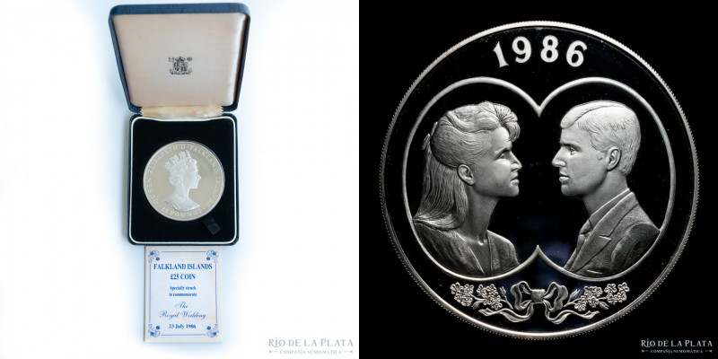 Malvinas (Ocup. Británica: Falkland) 25 Pounds 1986. Con estuche y Certificado R...