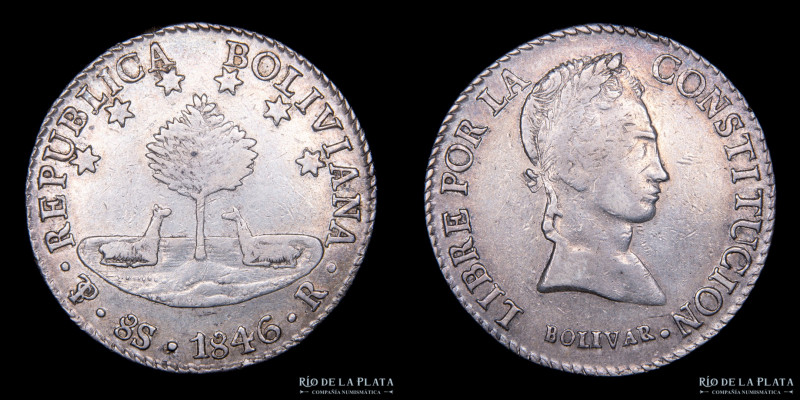 Bolivia. 8 Soles 1846 R. Simón Bolivar. AG.903, 37.0mm; 26.90 KM103 (VF)

Esti...
