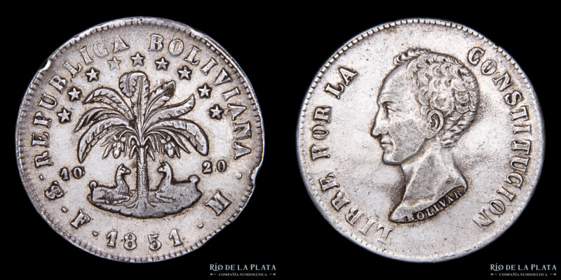Bolivia. 8 Soles 1851 FM. Simón Bolivar. AG.903, 37.0mm; 26.71g. KM109 (XF) #431...
