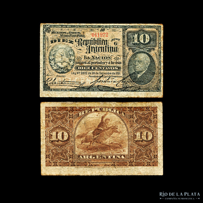 Argentina. Caja de Conversión - Fraccionarios. 10 Centavos 1893 (Sarmiento). Fir...