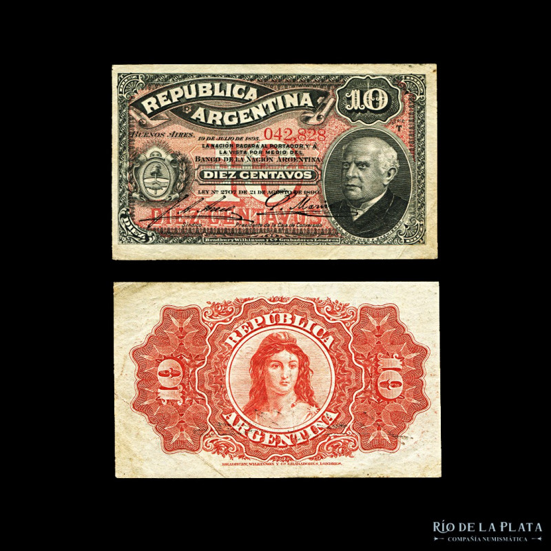 Argentina. Caja de Conversión - Fraccionarios. 10 Centavos 1895 (Sarmiento). Fir...