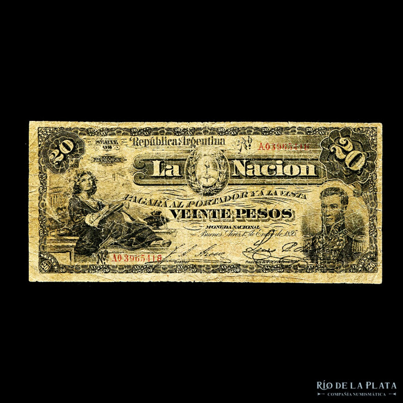 Argentina. Caja de Conversión. 20 Pesos 1895 (Gral Arenales). Firmas: Areco - Mo...
