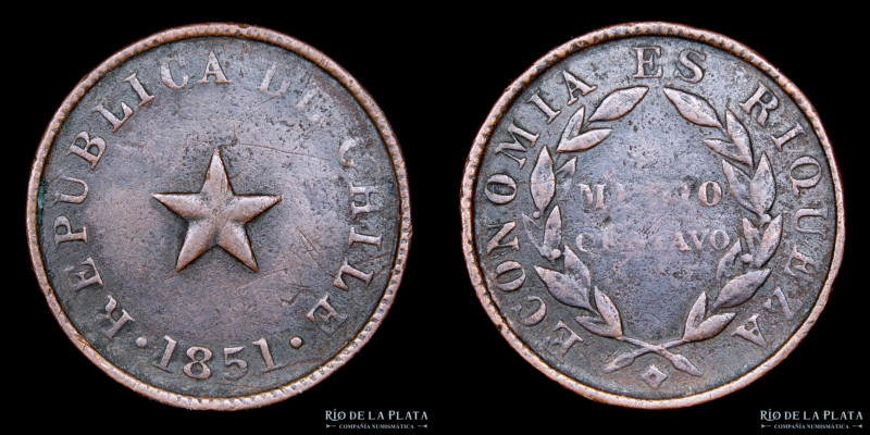 Chile. 1/2 Centavo 1851. CU; 30.0mm; 9.90g. KM119.3 (F) 

Estimate: USD 15 - 3...