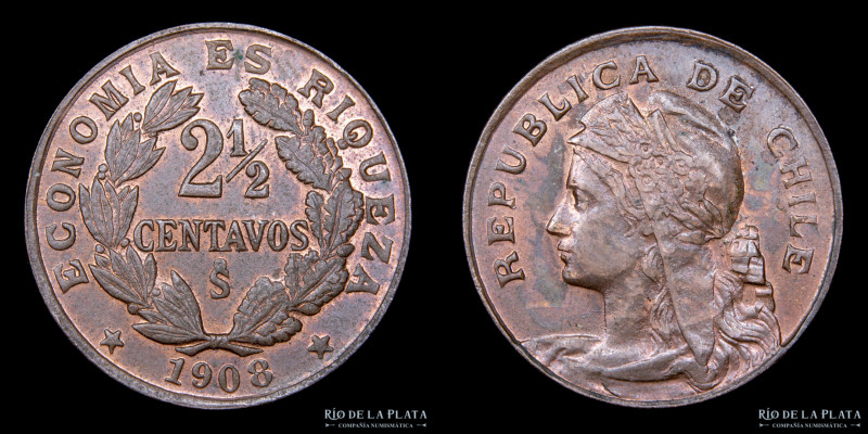 Chile. 2 1/2 Centavos 1908. CU; 25.0mm; 6.95g. KM162 (UNC)

Estimate: USD 25 -...