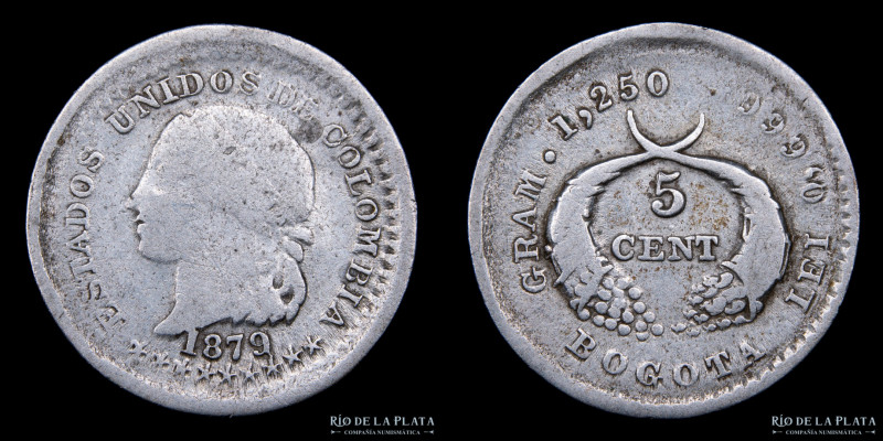 Colombia. 5 Centavos 1879. Canto Liso. Bogota AG; 14mm; 1.15g. KM174a.1(VF)

E...
