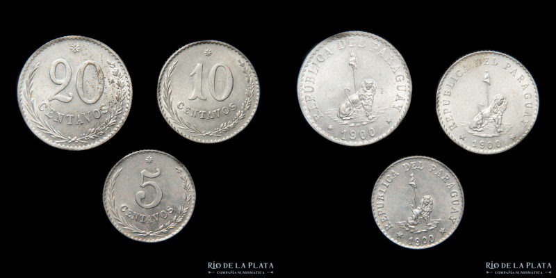 Paraguay. 5, 10 y 20 Centavos 1900. Cu-Ni; 17.3mm a 21.3mm; 2.00 a 4.00g. KM6 a ...