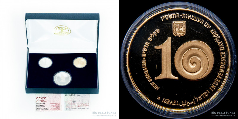 Israel. Set 2007. 1, 2 y 10 Shequels. Plata y Oro. 59º Aniversario de la Indepen...