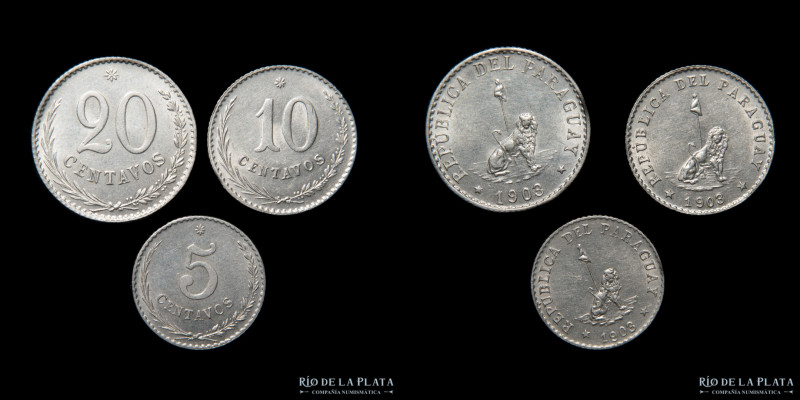 Paraguay. 5, 10 y 20 Centavos 1903. Cu-Ni; 17.3mm a 21.3mm; 2.00 a 4.00g. KM6 a ...