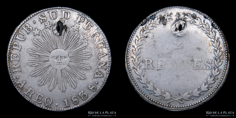 Perú. República Sud Peruana. 2 Reales 1838. Arequipa. AG.667, 26.0mm; 6.33g . KM...
