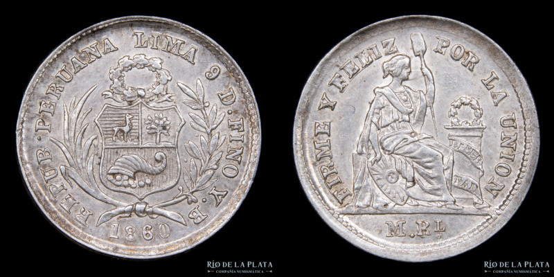 Perú. 1/2 Real 1860. AG.900; 15mm; 1,20g; KM180 (VF)

Estimate: USD 20 - 40