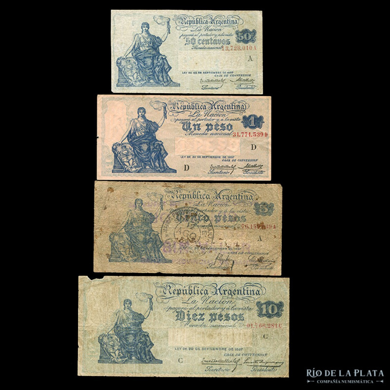 Argentina. Caja Conversión. Lote x 4 billetes, incluye: 50 Centavos 1925 (P242a,...