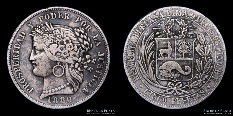 Perú. 5 Pesetas 1880. AG.900; 38mm; 24,90g. KM201 (F+)

Estimate: USD 50 - 100...