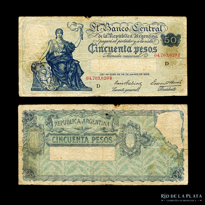 Argentina. BCRA Moneda Nacional. 50 Pesos 1937. Firmas: Prebisch - Bosch. Col 43...