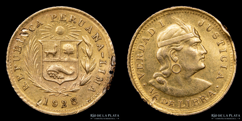 Peru. 1/5 de Libra 1928. Oro. AU: 14mm; 1.61g. KM210. (VF) marcas en el canto, p...