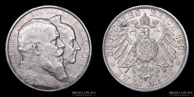 Alemania. Baden. Federico I (1856-1907) 2 Marcos 1906. AG.900; 28.1mm; 11.13g. K...