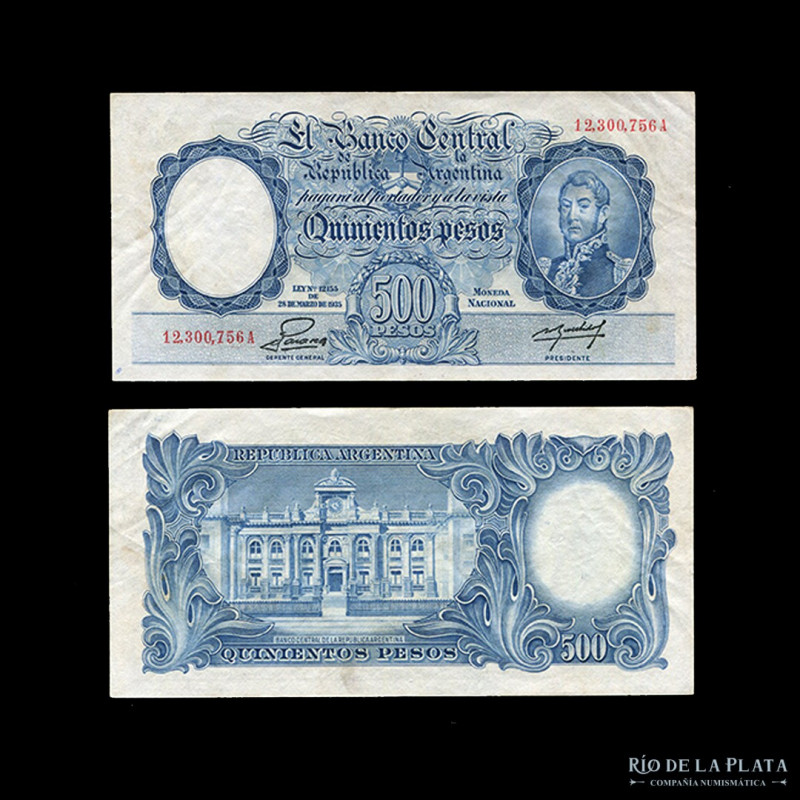 Argentina. BCRA Moneda Nacional. 500 Pesos 1953. Números rojos. Firma: Palarea -...