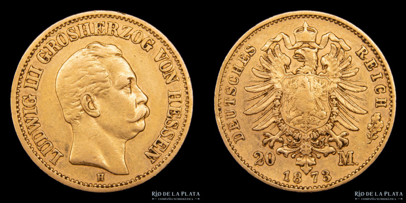 Gran Ducado de Hessen-Darmstadt. Luis III (1848-1877) 20 Mark 1873 H. AU.900; 22...