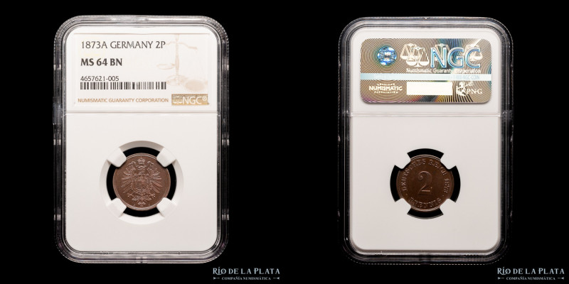 Alemania. 2 Pfennig 1873 A. CU; 20mm. NGC MS64 BN. KM2 (UNC) Grado mas alto regi...