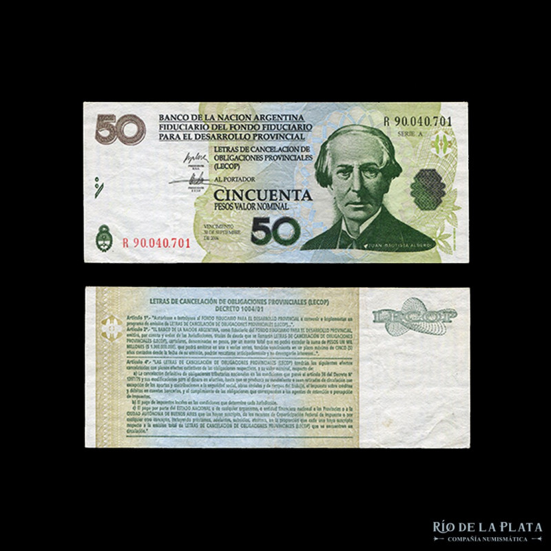 Argentina. Banco Nación. 50 Lecop 2001 Reposición. Col Bonos 208R (VF)
Estimate...