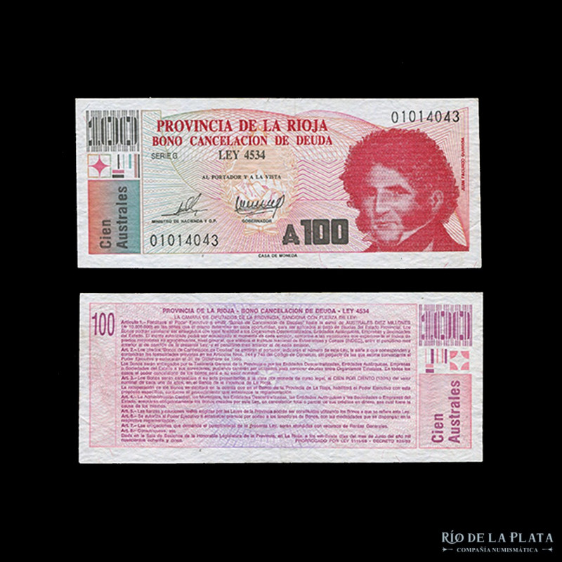 Argentina. La Rioja. 100 Australes 1989. Col Bonos 043 (XF)
Estimate: USD 25 - ...