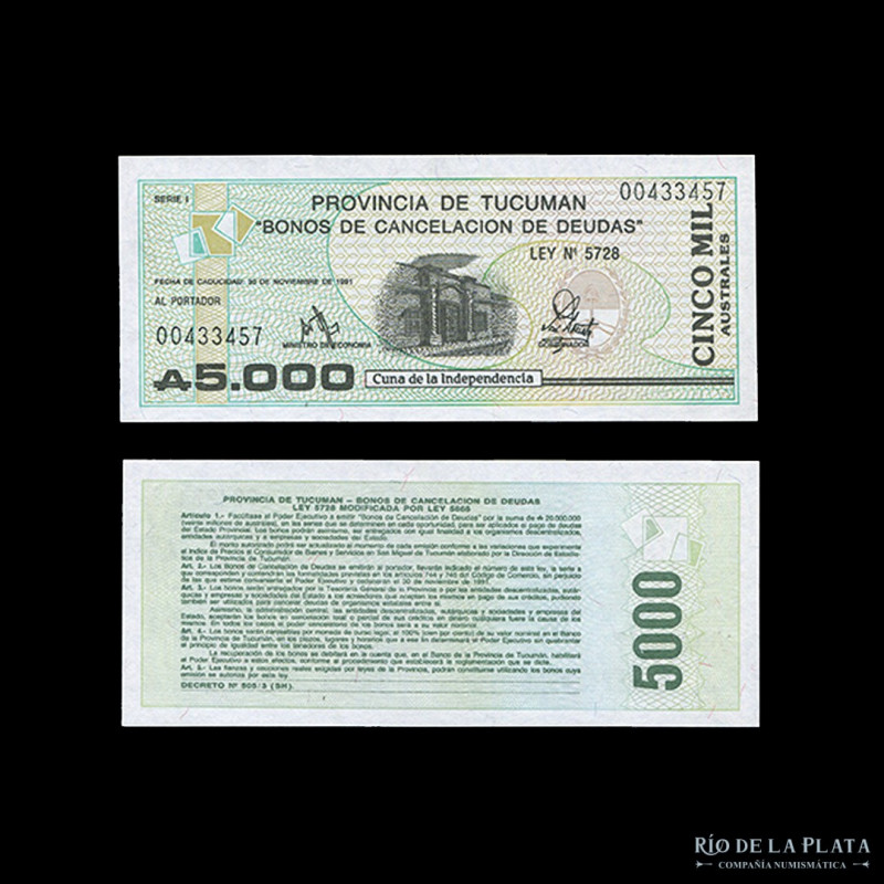 Argentina. Tucuman. 5000 Australes 1990. Col Bonos 123 (UNC)
Estimate: USD 25 -...