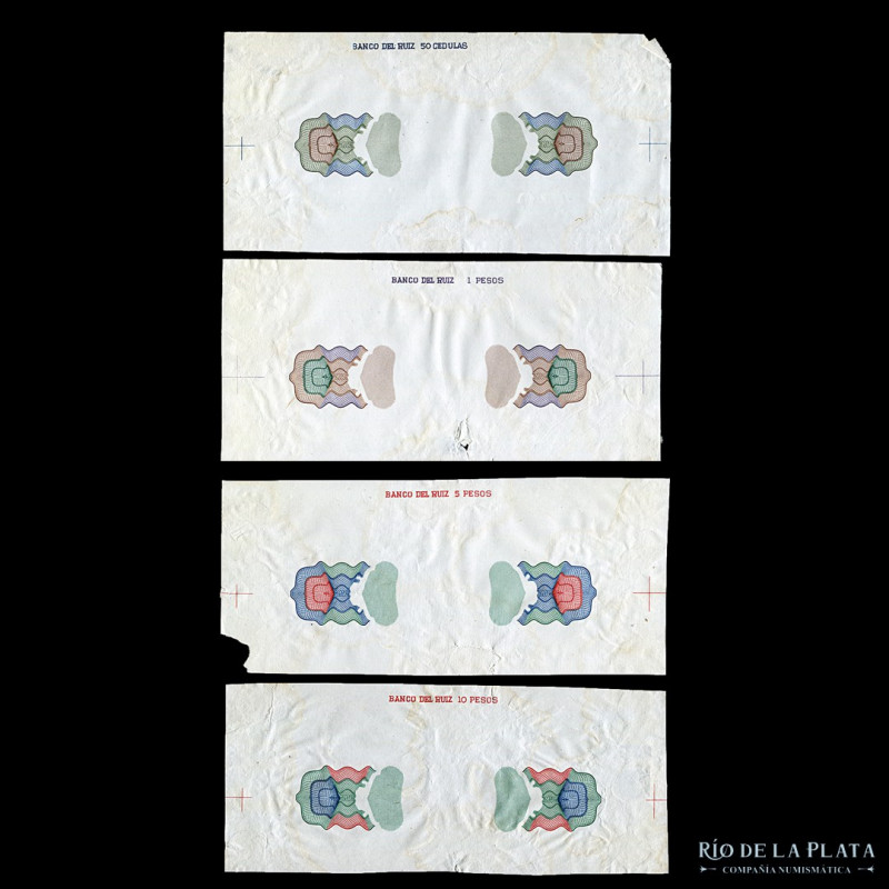 Colombia. Banco de Ruiz. 50 Cedulas, 1, 5 y 10 Pesos. Pruebas color de producció...