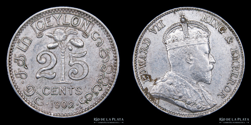 Ceylan. Eduardo VII 1901-1910. 25 Cents 1902. AG.800; 18.0mm; 2.93g. KM103 (VF+)...