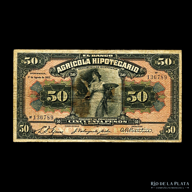 Guatemala. Agrícola Hipotecario. 50 Pesos 1917. Ps104 (VG)
Estimate: USD 100 - ...