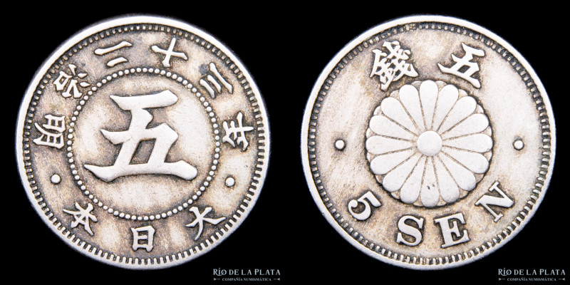 Japón. Período Meiji. 5 Sen 1980 (año 23) Cu-Ni; 20.8mm; 4.61g. KMY19 (VF)

Es...