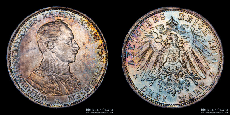 Estados Alemanes. Prussia (Reino de) Wilhem II 1888-1918. 3 Marks 1914A. AG.900,...