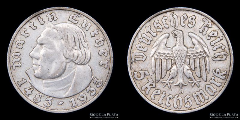 Alemania. 450° aniversario Martín Lutero. 5 Reichsmark 1933 D (Munich). AG.900; ...