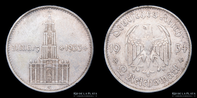Alemania. 2 Reichsmark 1934 J (Muldenhütten). Potsdam Garrison Church. AG.625; 2...