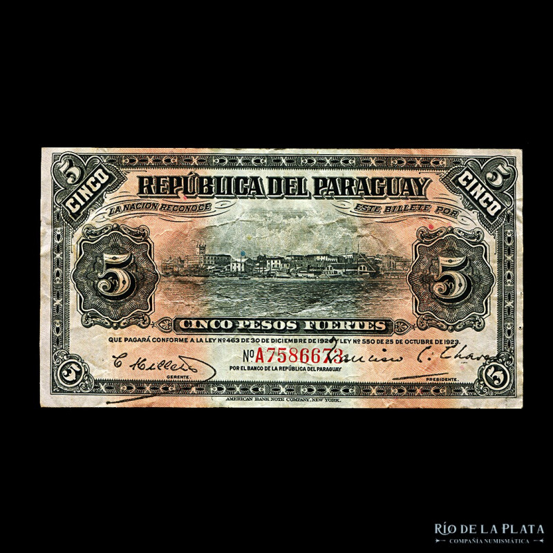 Paraguay. 5 Pesos Fuertes 1920-1923. POR OFICINA DE CAMBIO. Impreso en American ...