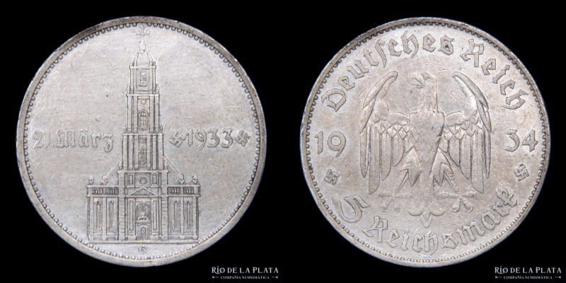Alemania. 5 Reichsmark 1934 G (Karlsruhe). Potsdam Garrison Church. AG.900; 29.0...