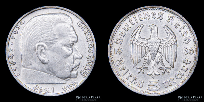 Alemania. 5 Reichsmark 1936 D (Munich). AG.900; 29.0mm; 13,90g. KM86 (XF) 

Es...