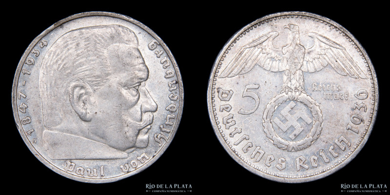 Alemania. 5 Reichsmark 1934 G (Karlsruhe). AG.900; 29.0mm; 13,90g. KM94 (XF) 
...