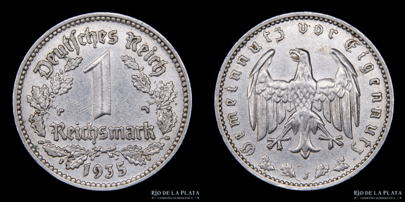 Alemania. 1 Reichsmark 1935 J (Hamburgo). Ni; 23mm; 4,75g. KM78 (XF) Muy escasa...