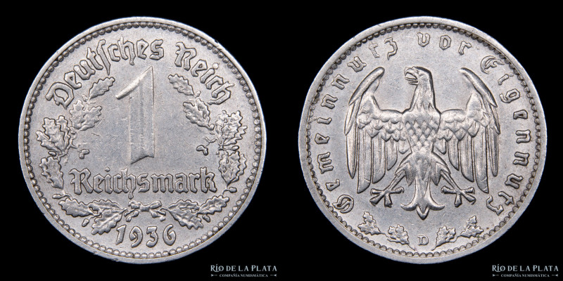 Alemania. 1 Reichsmark 1936 D (Munich). Ni; 23mm; 4,75g. KM78 (XF) 

Estimate:...