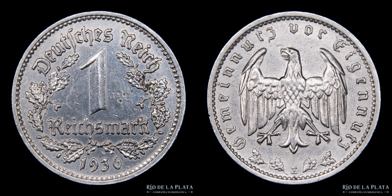 Alemania. 1 Reichsmark 1936 E (Muldenhutten). Ni; 23mm; 4,80g. KM78 (XF) Muy esc...