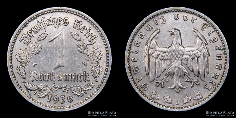 Alemania. 1 Reichsmark 1936 J (Hamburgo). Ni; 23mm; 4,80g. KM78 (XF) Muy escasa...