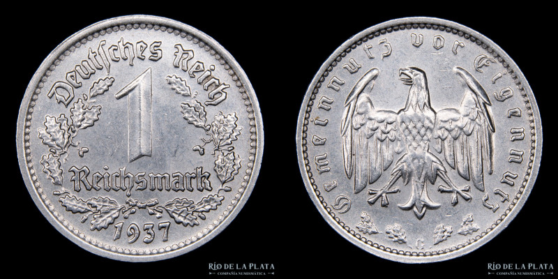 Alemania. 1 Reichsmark 1937 G (Karlsruhe). Ni; 23mm; 4,75g. KM78 (XF) 

Estima...