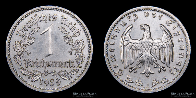 Alemania. 1 Reichsmark 1939 D (Berlín). Ni; 23mm; 4,74g. KM78 (XF) 

Estimate:...