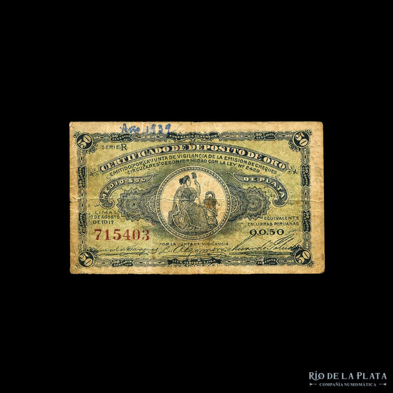 Peru. Certificado Deposito 1/2 Sol de Plata 1917. Lima. P30 (F)
Estimate: USD 2...