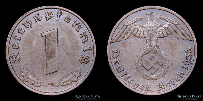 Alemania. 1 Reichspfennig 1936 E (Muldenhutten). CU; 17mm; 1,99g. KM89 (XF) Rara...