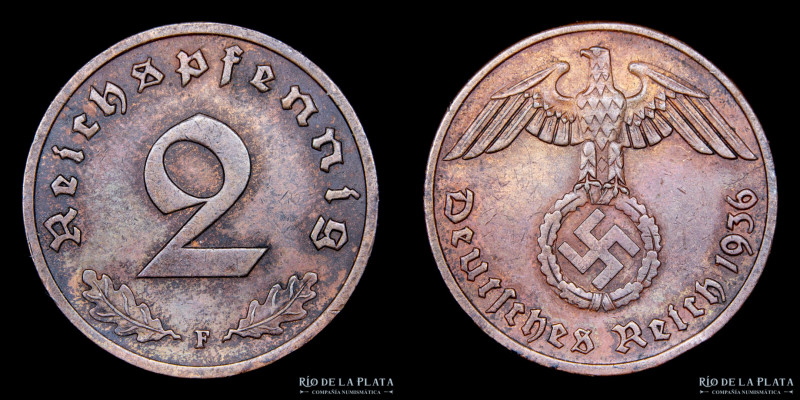 Alemania. 2 Reichspfennig 1936 F (Stuttgart). CU; 20mm; 3,20g.KM90 (XF) Muy esca...