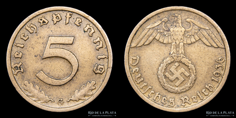 Alemania. 5 Reichspfennig 1936 G (Karlruhe). AE; 18mm; 2,50g. KM91 (XF) Rara

...