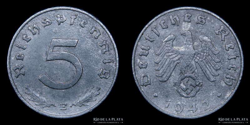Alemania. 5 Reichspfennig 1942 E (Muldenhutten). Zinc; 19mm; 2,50g. KM100 (XF) ...